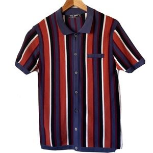 Retro Paul Jones Striped Short Sleeve Knit Button Down Bowling Shirt Men's Med
